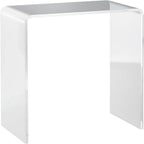 Clear U-shaped acrylic side table with a waterfall edge design, shown against a white background