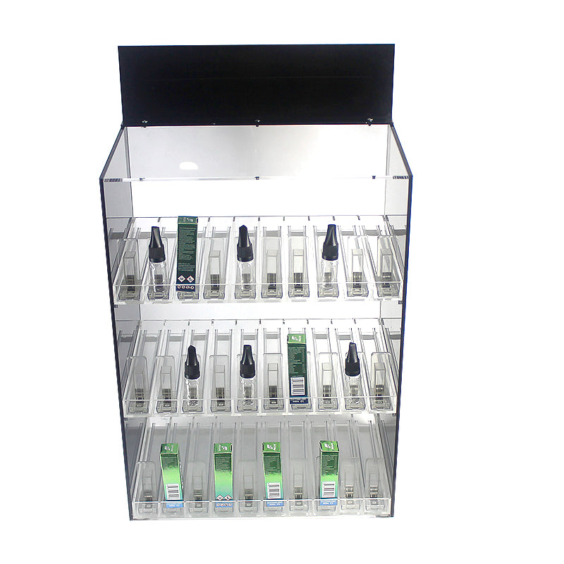 Top view of 3-slot acrylic vape cartridge display cabinet, fully stocked for shop merchandising