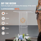 Transparent acrylic podium showcasing DIY decor options including LED lights, flowers, logos, photos, and crafts, with 95% light transmittance
