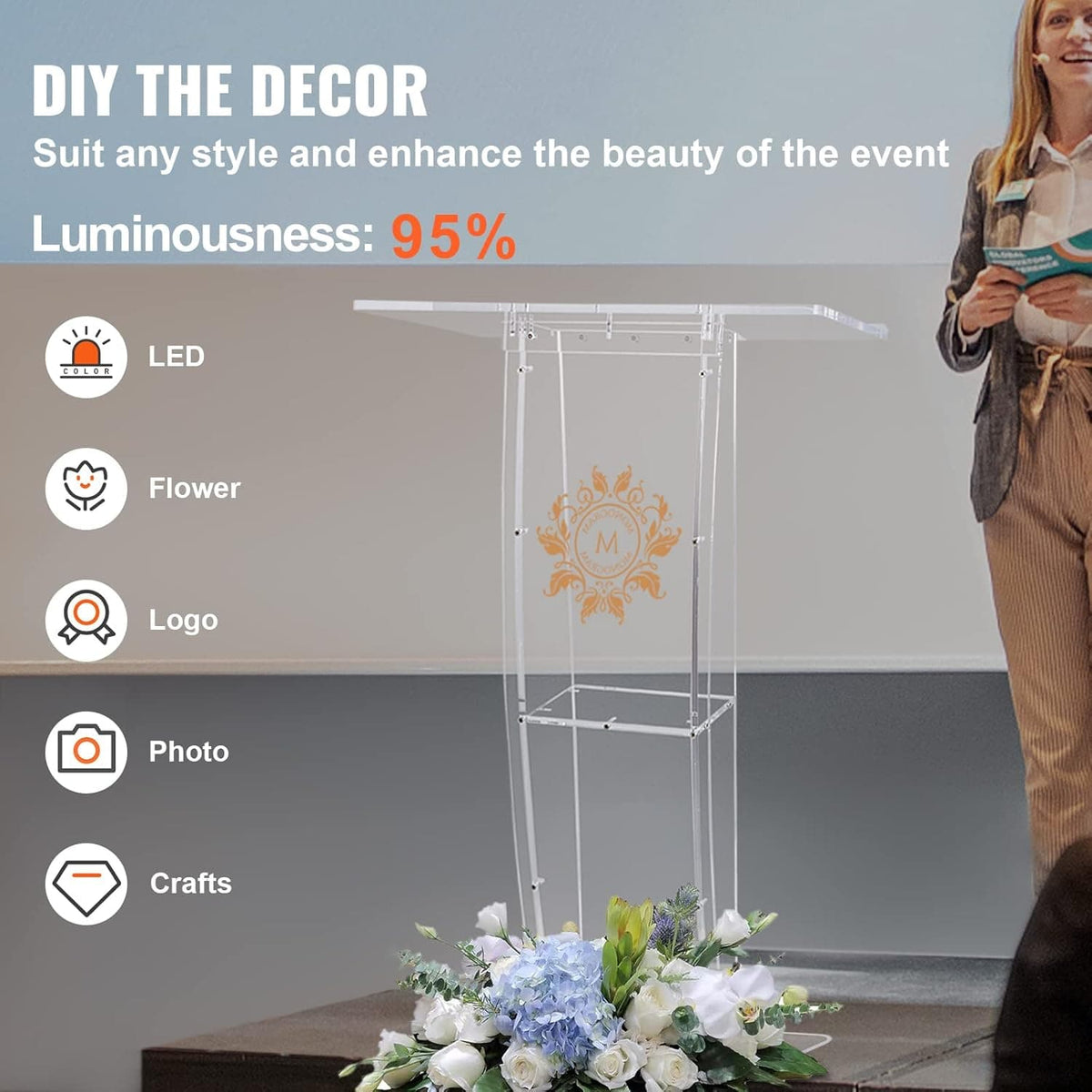 Transparent acrylic podium showcasing DIY decor options including LED lights, flowers, logos, photos, and crafts, with 95% light transmittance
