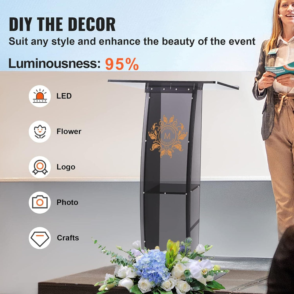 47" Translucent Black Acrylic Podium Stand - 12mm Thickened Lectern with Storage Shelf, Ergonomic Tilted Desktop & DIY Decor for Church Office Events