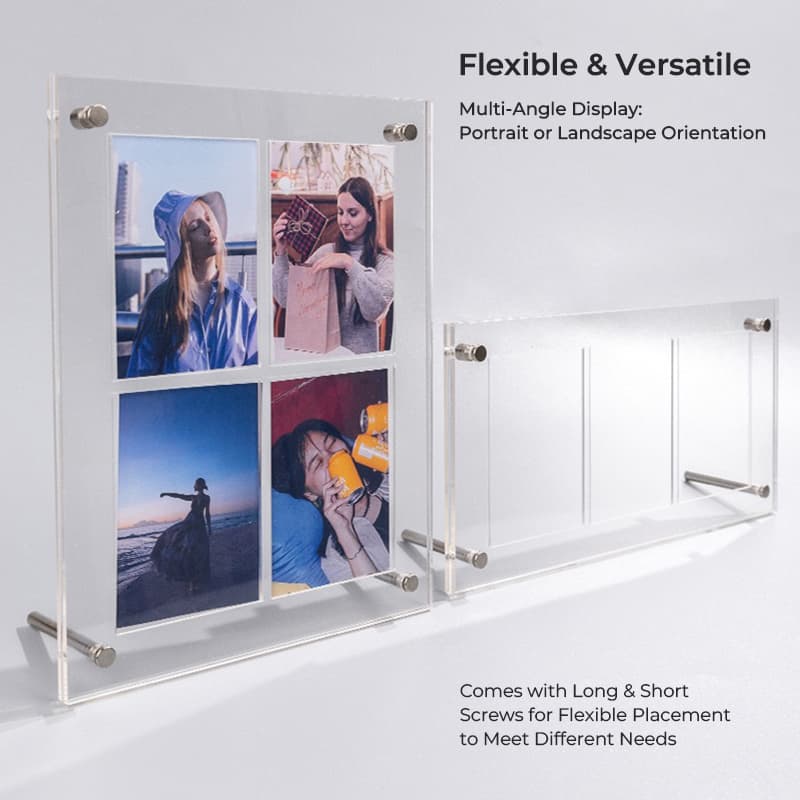Multi-angle acrylic photo frame displayed in portrait and landscape orientations, with long and short screws for flexible placement