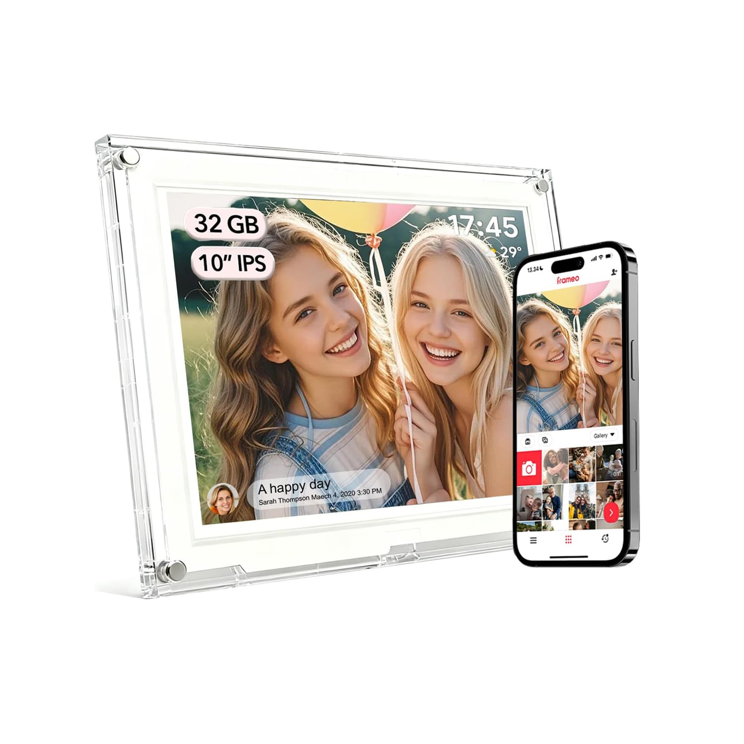 Frameo 10-inch WiFi digital photo frame (32GB storage, 10" IPS screen) paired with smartphone, showing app-controlled photo sharing