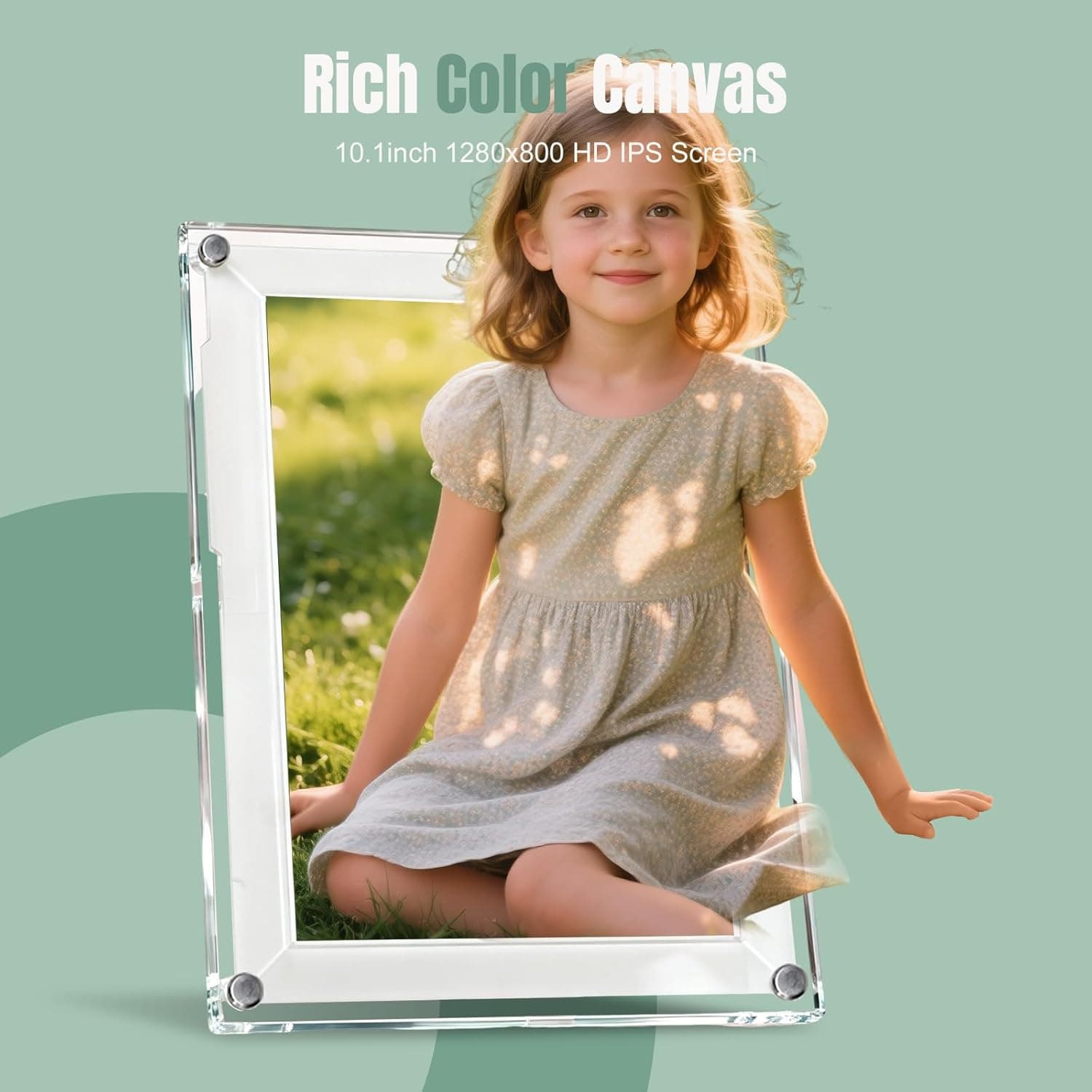 Frameo 10-inch digital photo frame with 1280x800 HD IPS screen (rich color display) in a clear acrylic frame