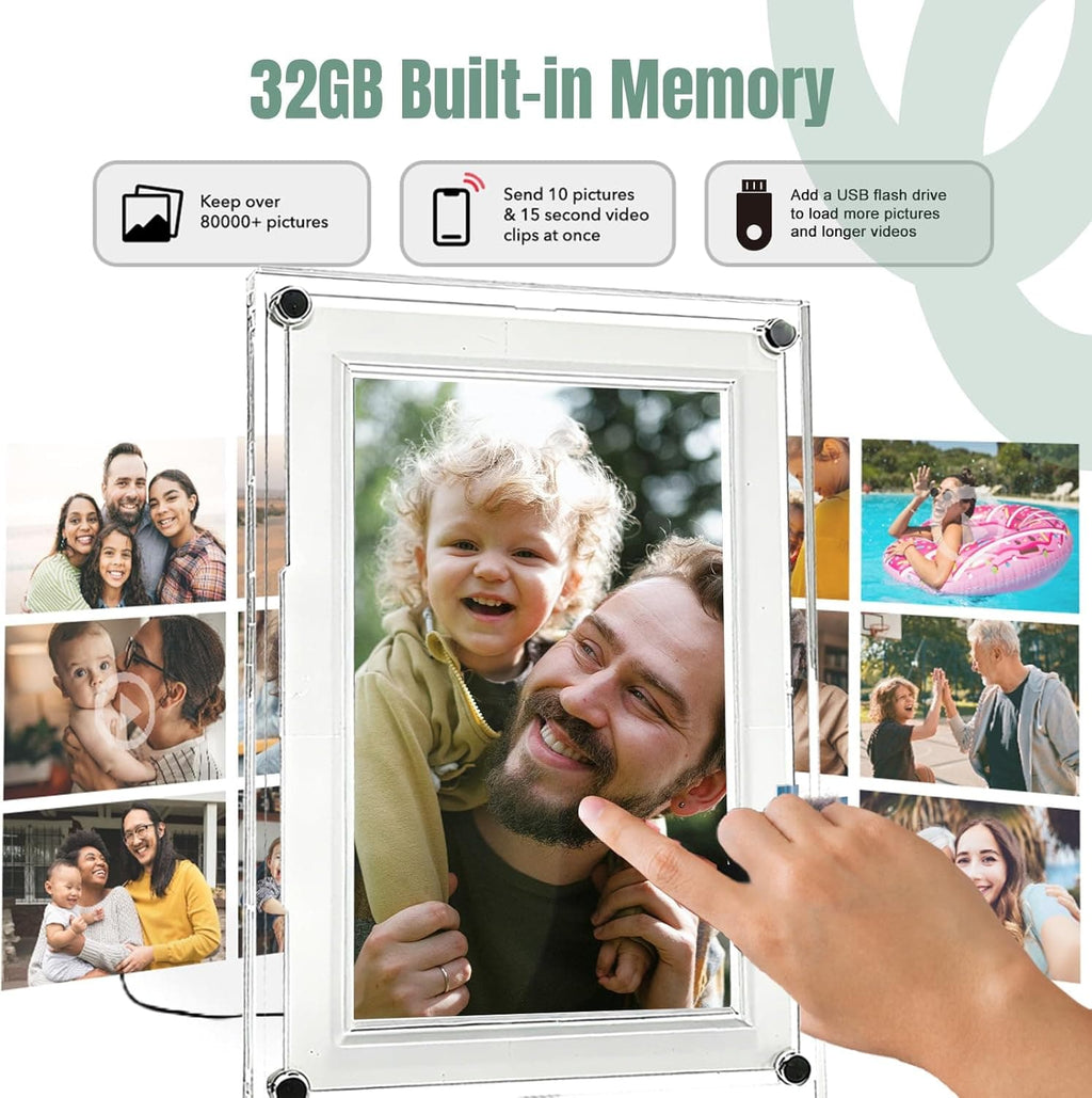 Frameo digital photo frame with 32GB built-in memory: stores 80,000+ photos, supports batch photo/video sharing, and USB flash drive expansion