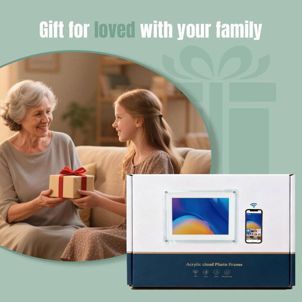 Frameo acrylic cloud photo frame packaged as a thoughtful gift for family members (grandma & granddaughter), perfect for sharing loved memories