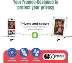 Frameo digital photo frame: private & secure communication (GDPR/CCPA/PSTI compliant, Intertek cyber assured) between app and frame