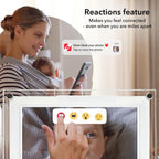Frameo digital photo frame's Reactions feature: user tapping emoji reactions on the frame, with phone notification showing "Mom liked your photo"