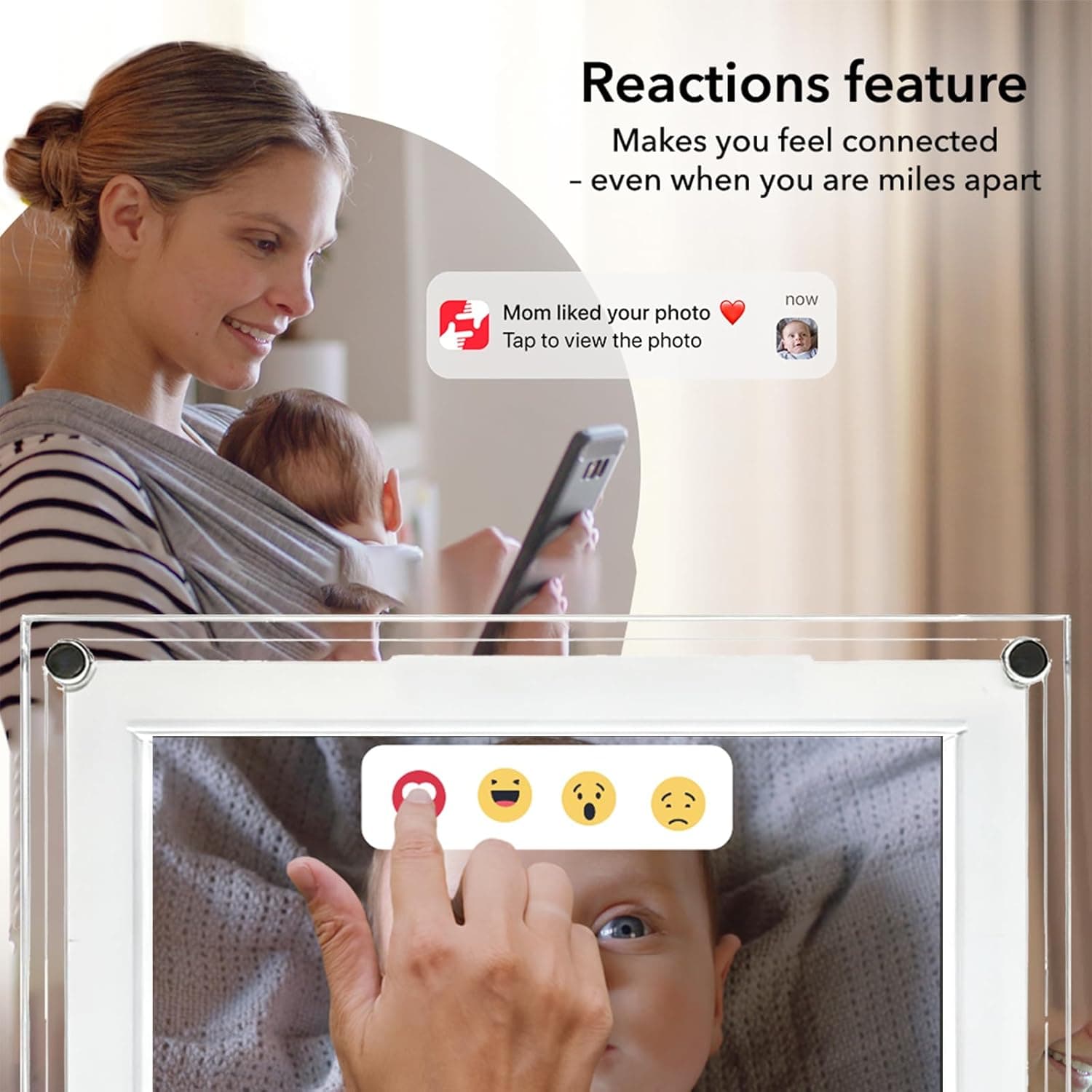 Frameo digital photo frame's Reactions feature: user tapping emoji reactions on the frame, with phone notification showing "Mom liked your photo"