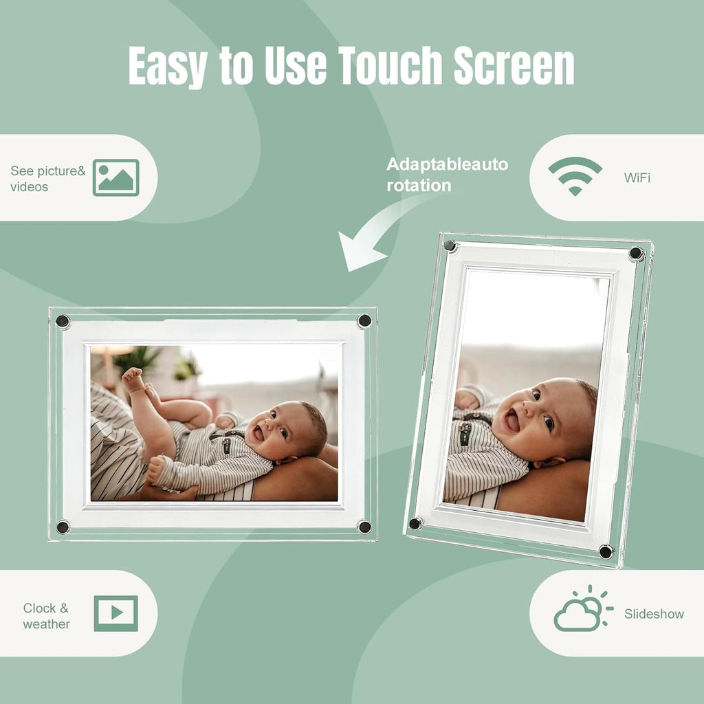 Frameo digital photo frame's easy-to-use touch screen: supports auto rotation, photo/video playback, clock/weather display, WiFi, and slideshow
