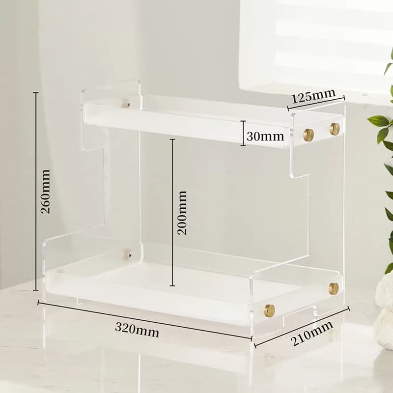 Frosted white acrylic shelf dimension and measurement chart