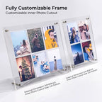 Two customizable acrylic photo frames with labeled external dimensions and inner photo cutout sizes (9.8×8.9in & 6.9×8.9in)