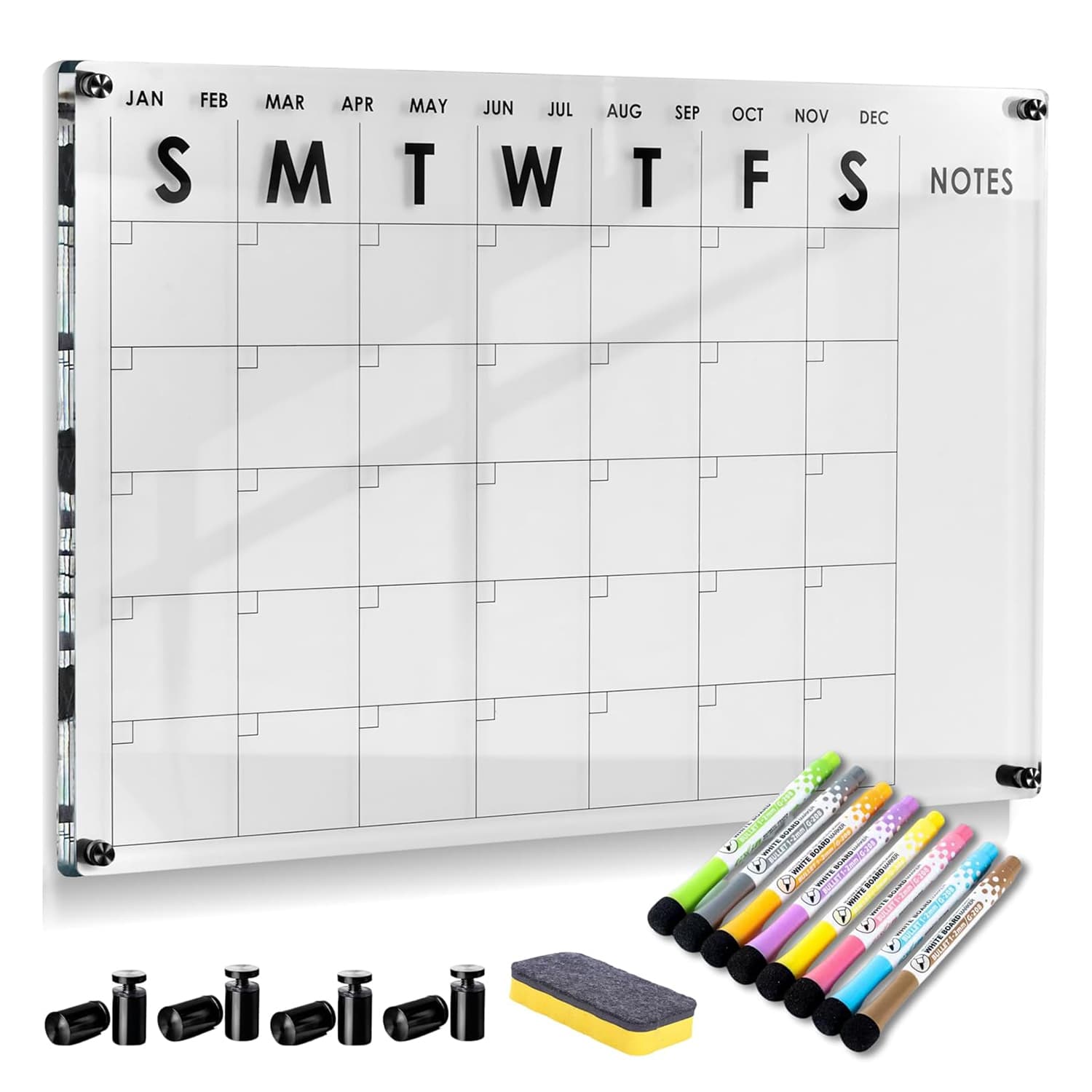 clear acrylic wall calendar set with liquid chalk markers, black mounting hardware, and eraser