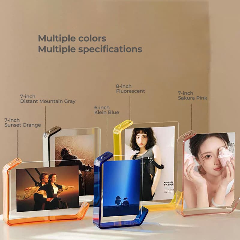 Multiple styles & sizes of acrylic photo frames: 7-inch Sunset Orange/Distant Mountain Gray, 6-inch Klein Blue, 8-inch Fluorescent, 7-inch Sakura Pink