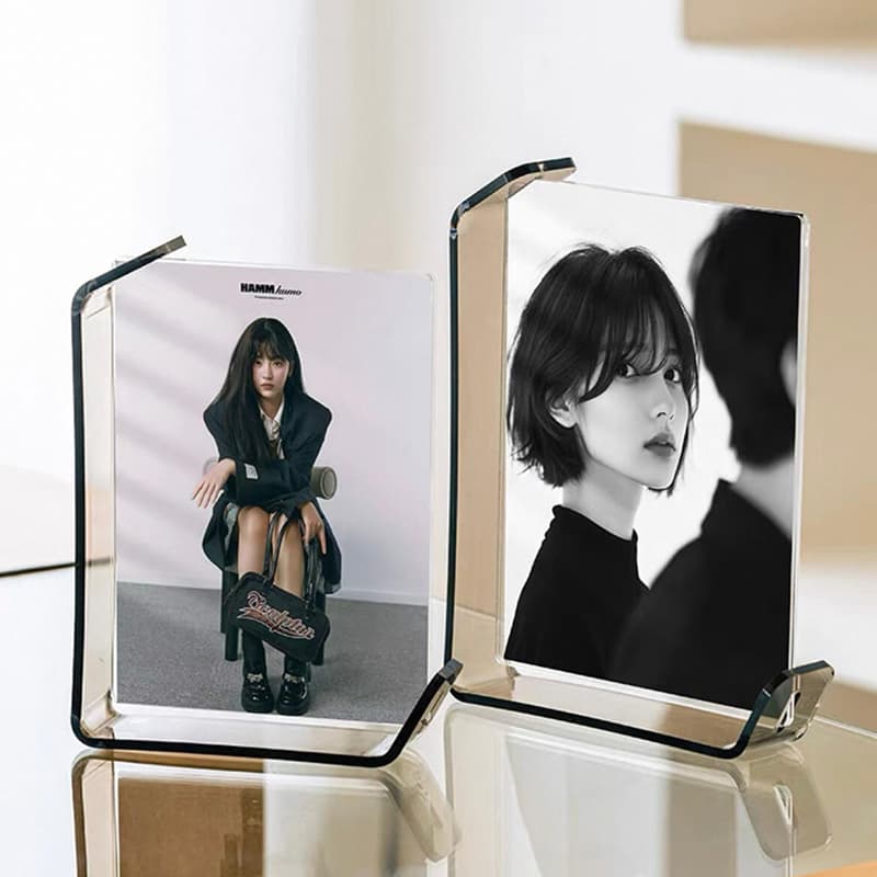 Two acrylic photo frames (black border & clear style) displaying portrait photos, modern minimalist design for home decor