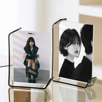 Two acrylic photo frames (black border & clear style) displaying portrait photos, modern minimalist design for home decor
