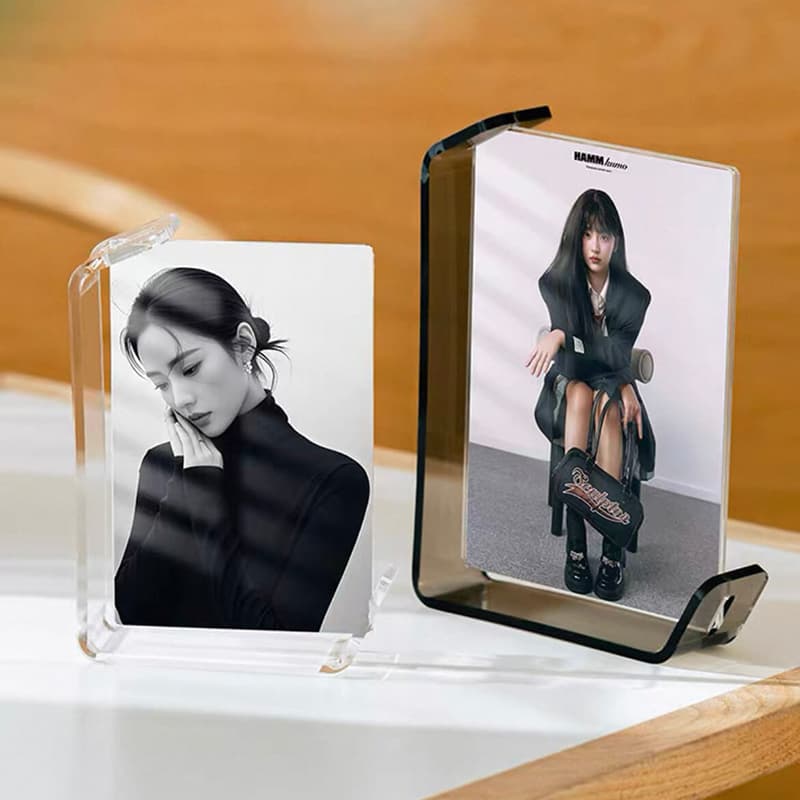 Clear and black-border acrylic photo frames with portrait photos, sleek double-sided display effect
