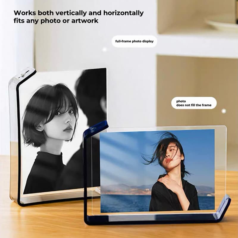 Acrylic photo frame compatible with vertical/horizontal display: showing full-frame & partial photo placement options