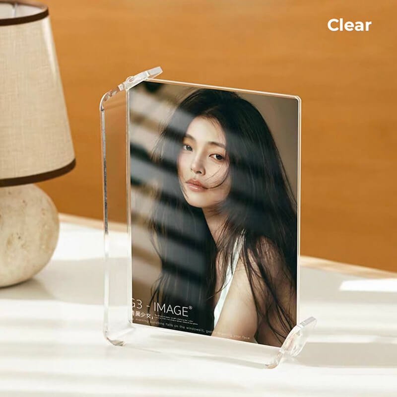 Clear acrylic photo frame (no border) with portrait photo, glossy finish for modern decor