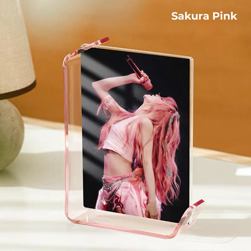 7-inch Sakura Pink acrylic photo frame, displaying portrait photo with pink border accent