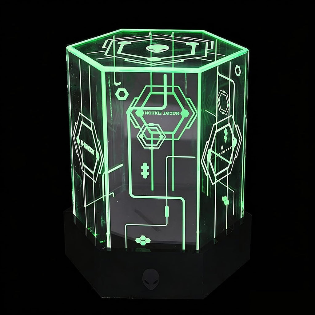 Green LED hexagonal acrylic display case, custom engraved sci-fi circuit pattern for countertop watch retail display