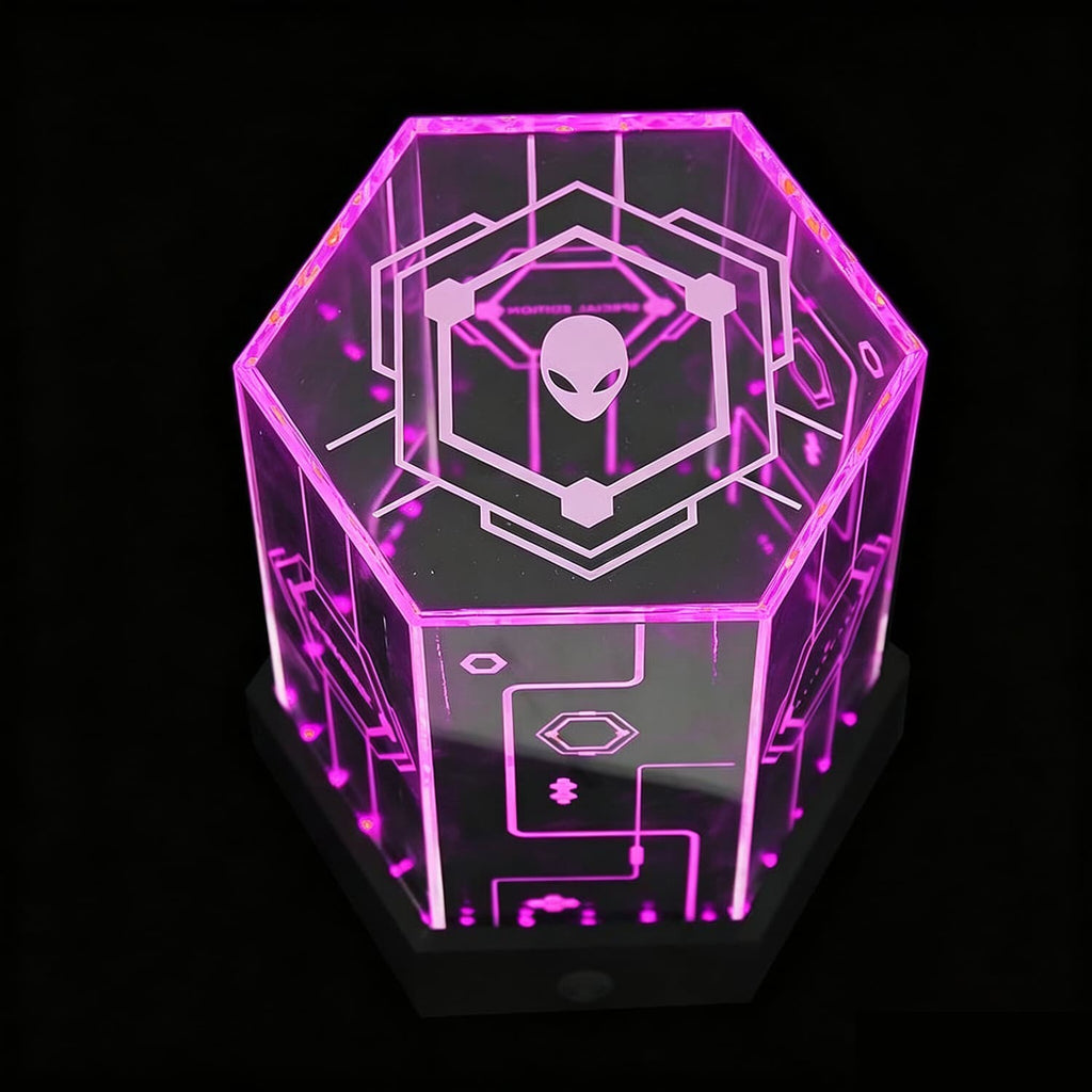Pink LED hexagonal acrylic watch display box, engraved alien & circuit pattern, illuminated counter showcase for smart wearables