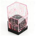 Hexagonal red LED acrylic watch display box on white background, sci-fi circuit & alien laser engraving, countertop illuminated showcase for smart wearable retail display
