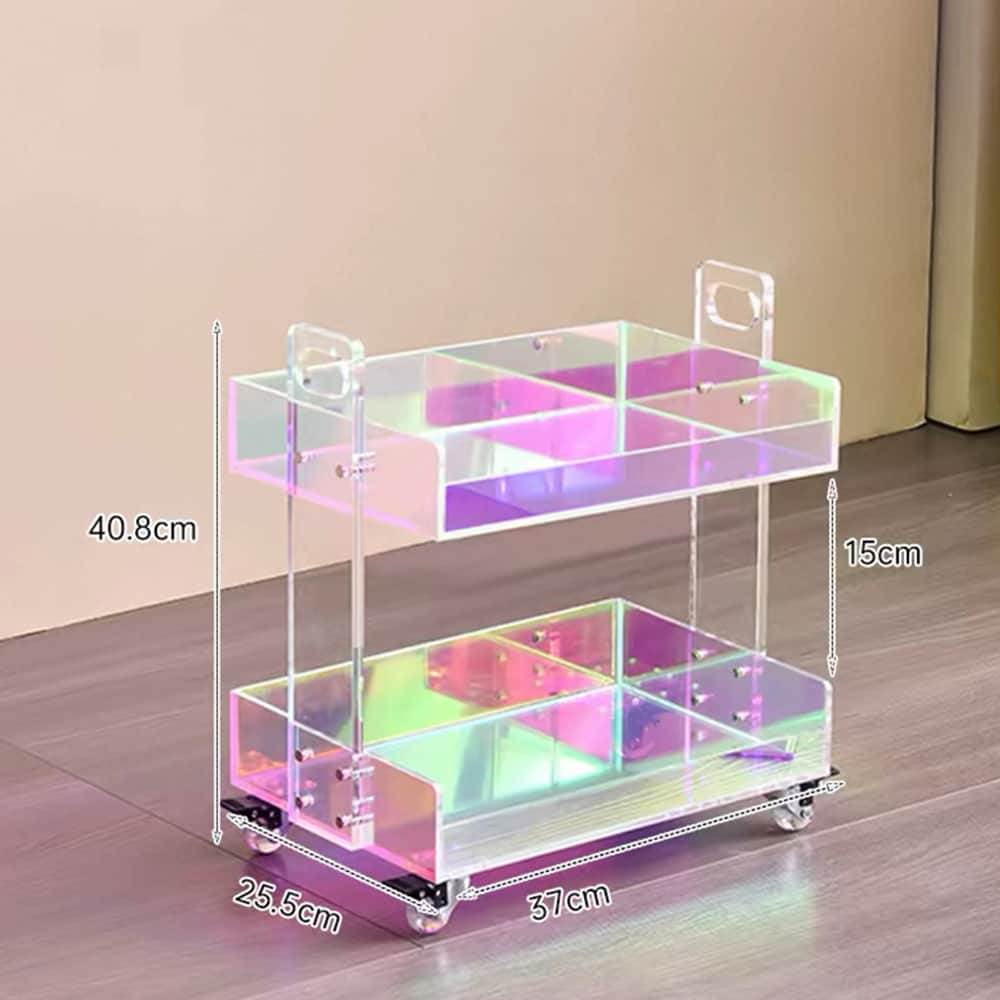 Iridescent clear acrylic double tier mobile storage trolley with wheels, dimension marked 40.8cm height, 37cm length, 25.5cm width, cosmetic organizer cart