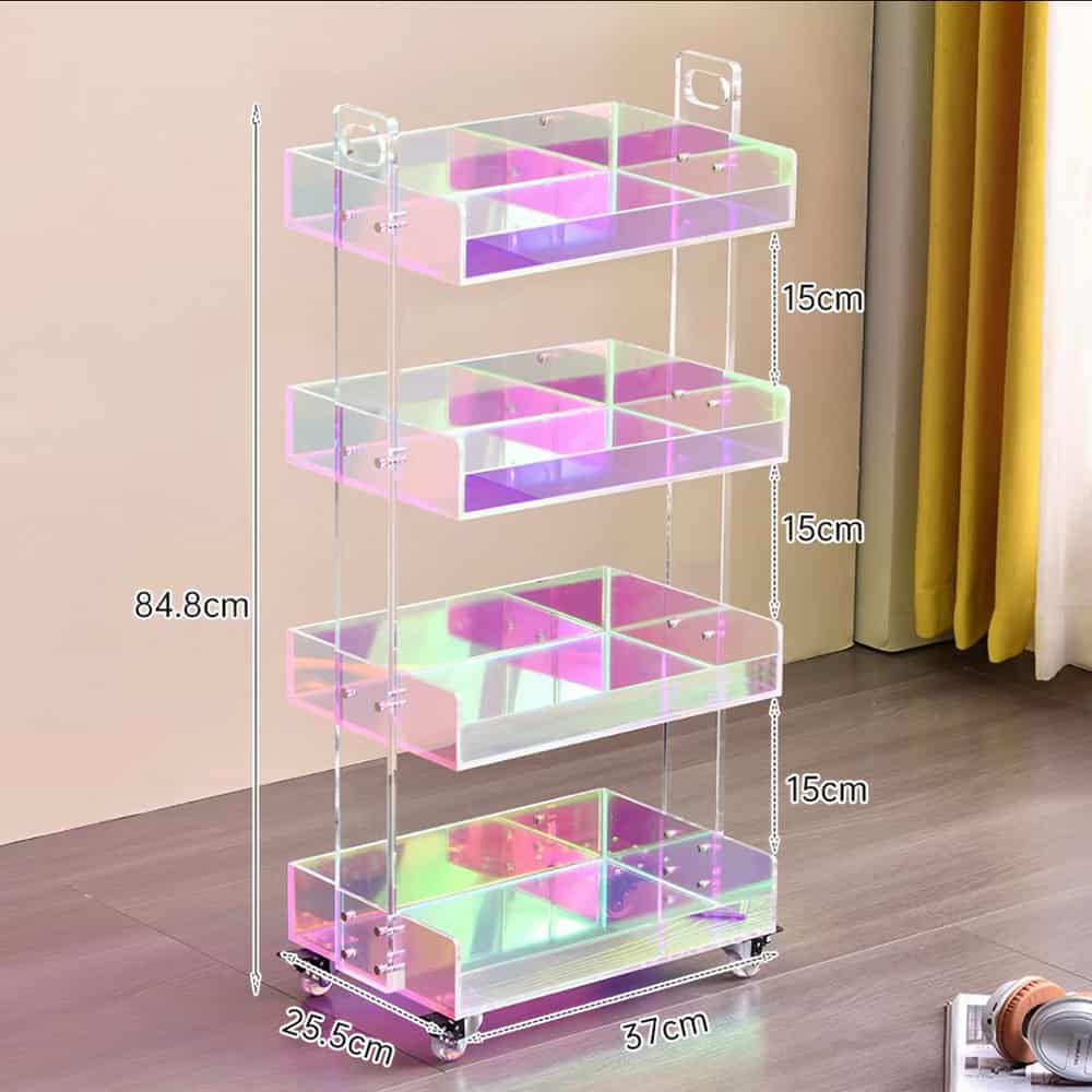 4-tier iridescent acrylic mobile storage trolley on wheels, total height 84.8cm, compartment height 15cm, multi-shelf cosmetic organizer