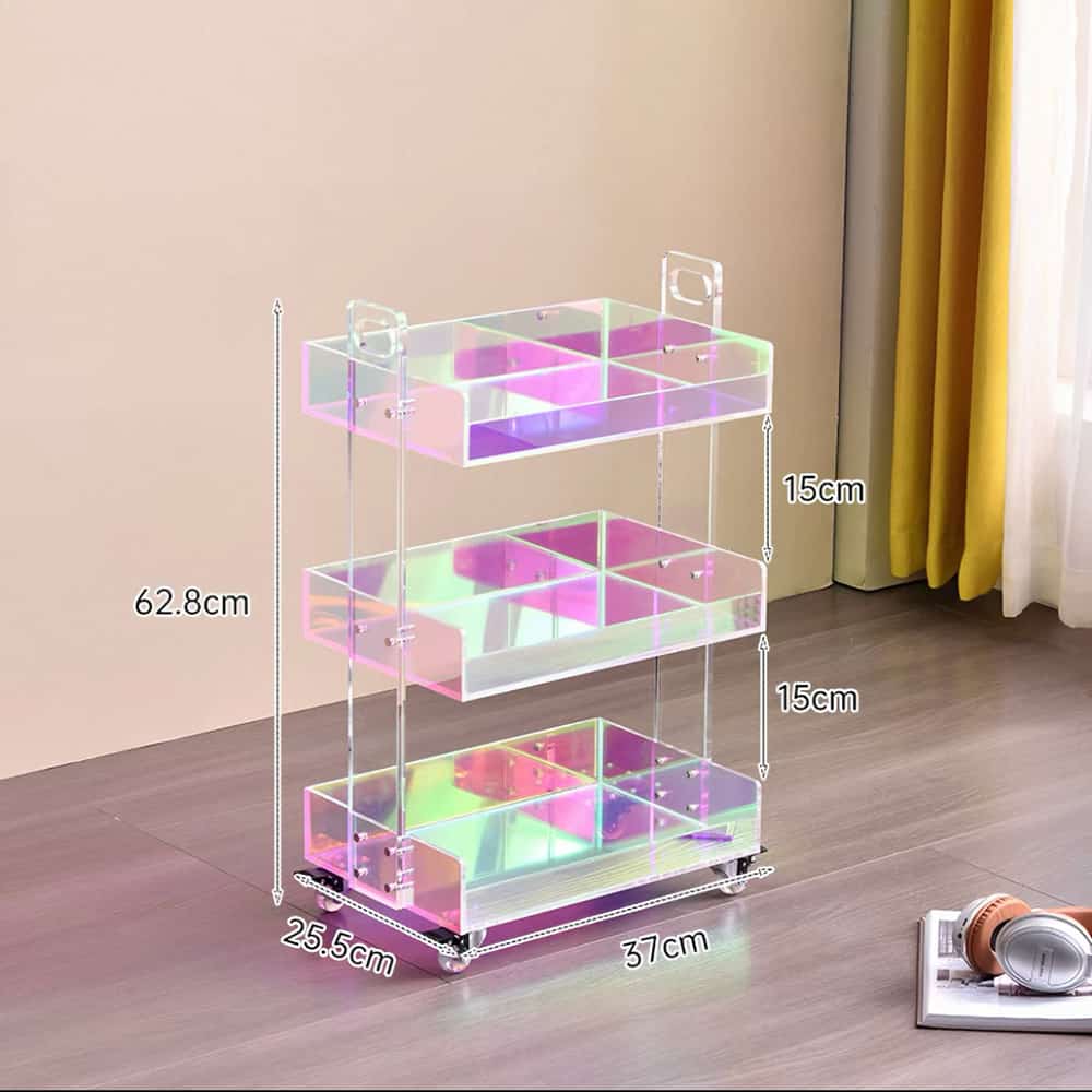 Iridescent acrylic three tier rolling storage cart with handles and casters, dimensions 62.8cm tall, 37cm by 25.5cm, salon makeup trolley