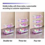 3 styles iridescent acrylic rolling trolley, double-tier, three-tier and four-tier, customizable acrylic storage cart for salon and home