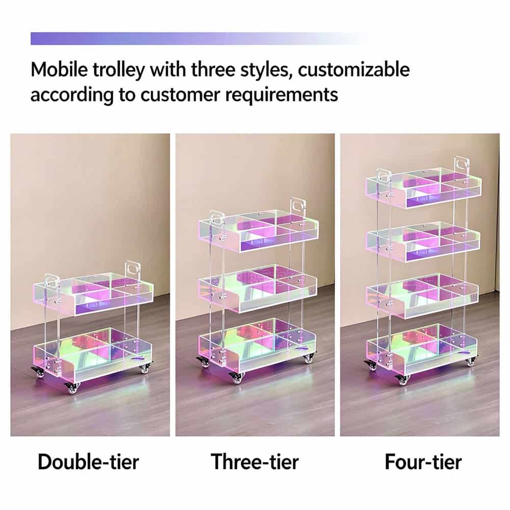 3 styles iridescent acrylic rolling trolley, double-tier, three-tier and four-tier, customizable acrylic storage cart for salon and home
