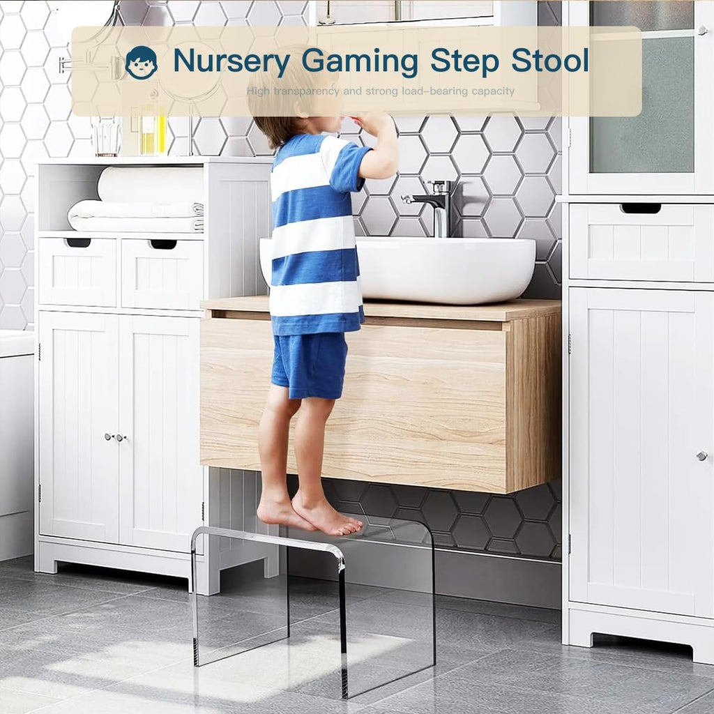 Child using clear acrylic step stool to reach a bathroom sink, safe and sturdy for kids and adults