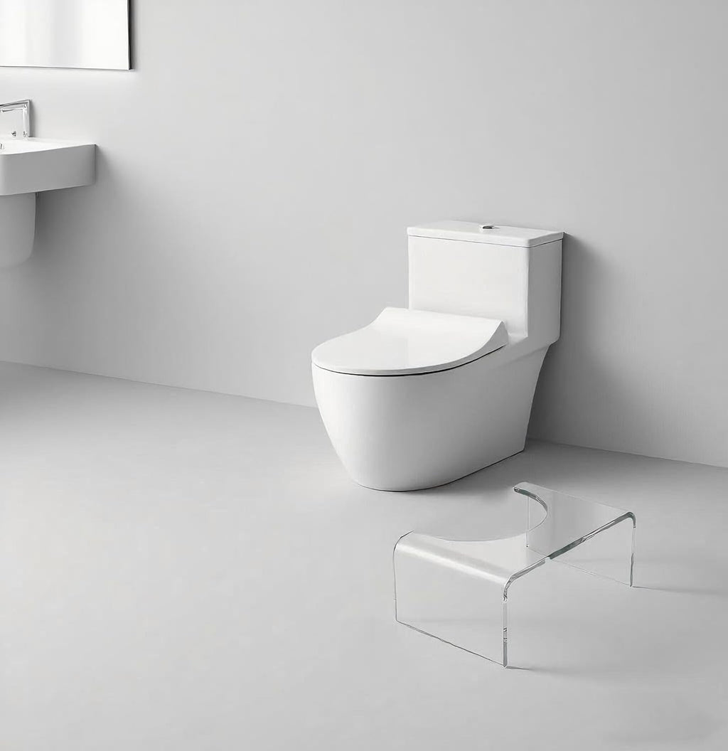 Child using clear acrylic step stool to reach a bathroom sink, safe and sturdy for kids and adults