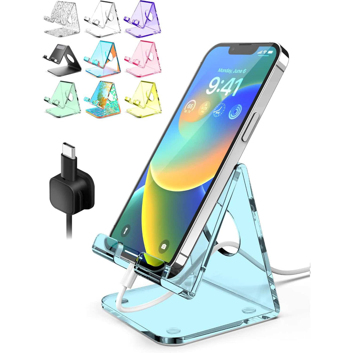 Light blue acrylic phone stand with a variety of color options, compatible with all smartphones and tablets