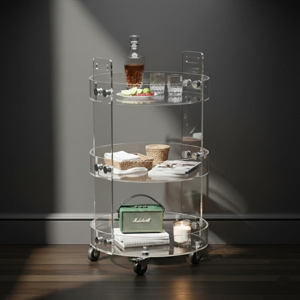 Elegant 3-tier acrylic bar cart used as a drink station, with a bottle of liquor, glasses, and accessories arranged across its shelves