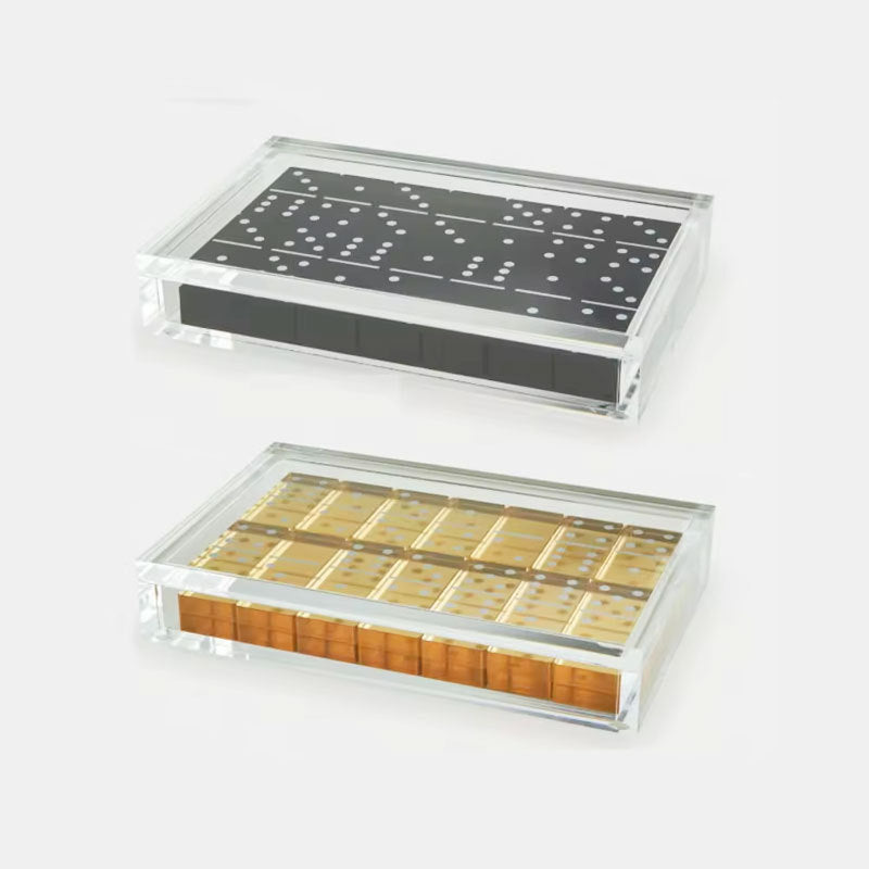 Luxury acrylic domino set, two styles: black domino with white dots and gold domino tiles in clear acrylic boxes