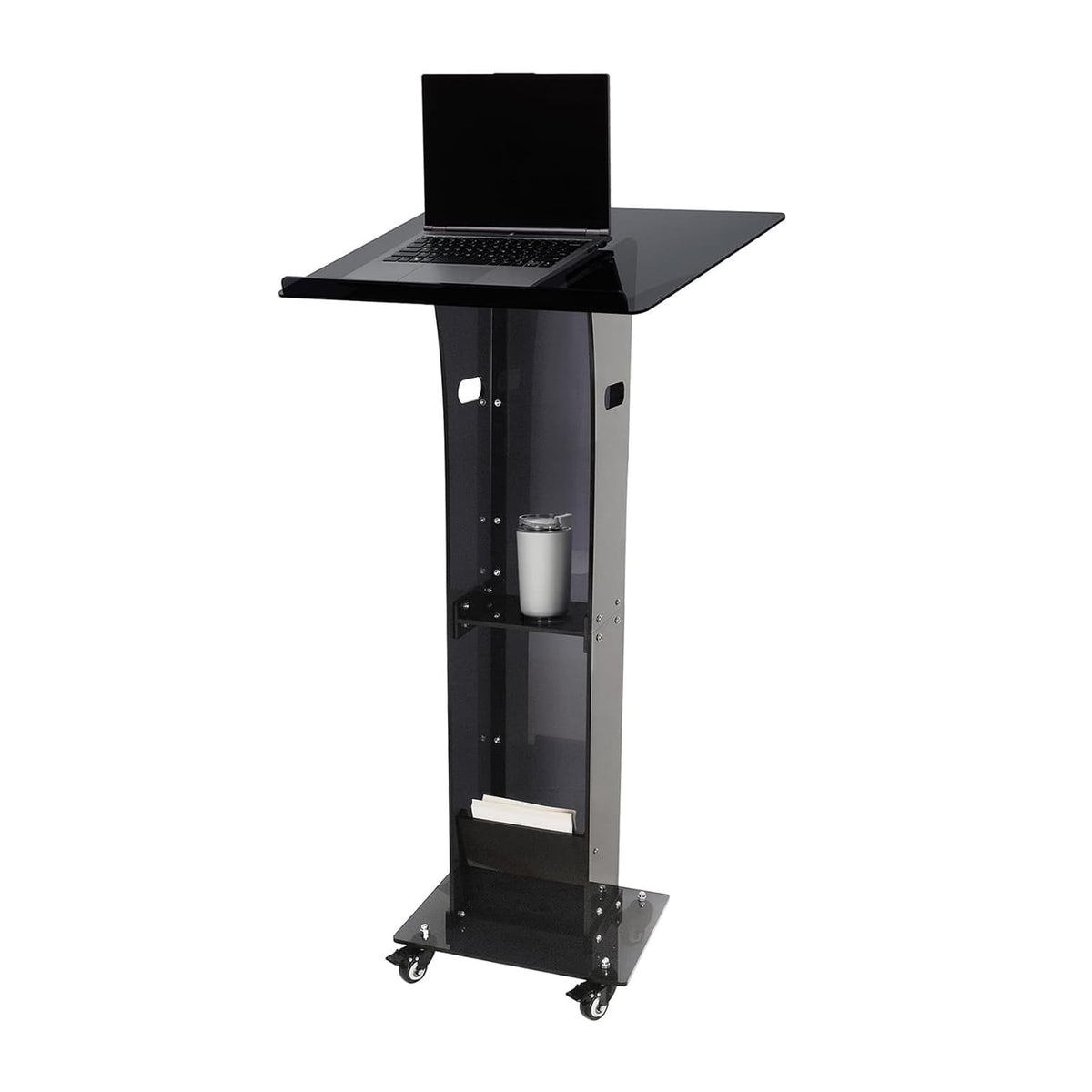 Mobile black acrylic podium with locking wheels, storage shelf, and a laptop placed on the tilted desktop