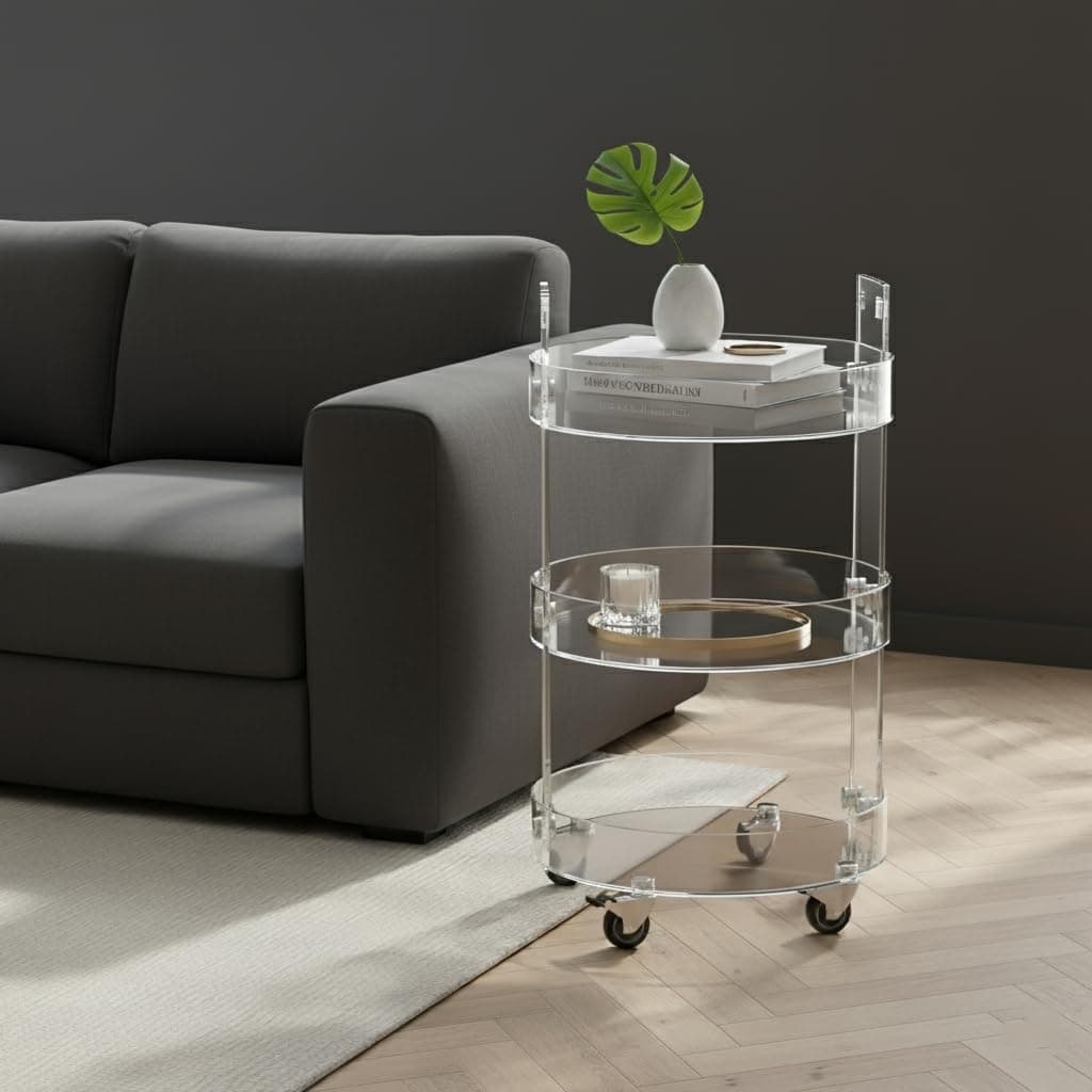 Minimalist 3-tier acrylic bar cart next to a dark gray sofa, decorated with a leafy plant and books, showcasing its sleek, transparent design