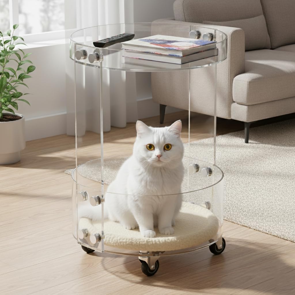 A white cat resting on the lower shelf of a clear acrylic side table, showcasing the furniture's transparent and pet-friendly design