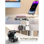 Clear acrylic phone stand paired with fast-locking cable organizer clips for a tidy workspace