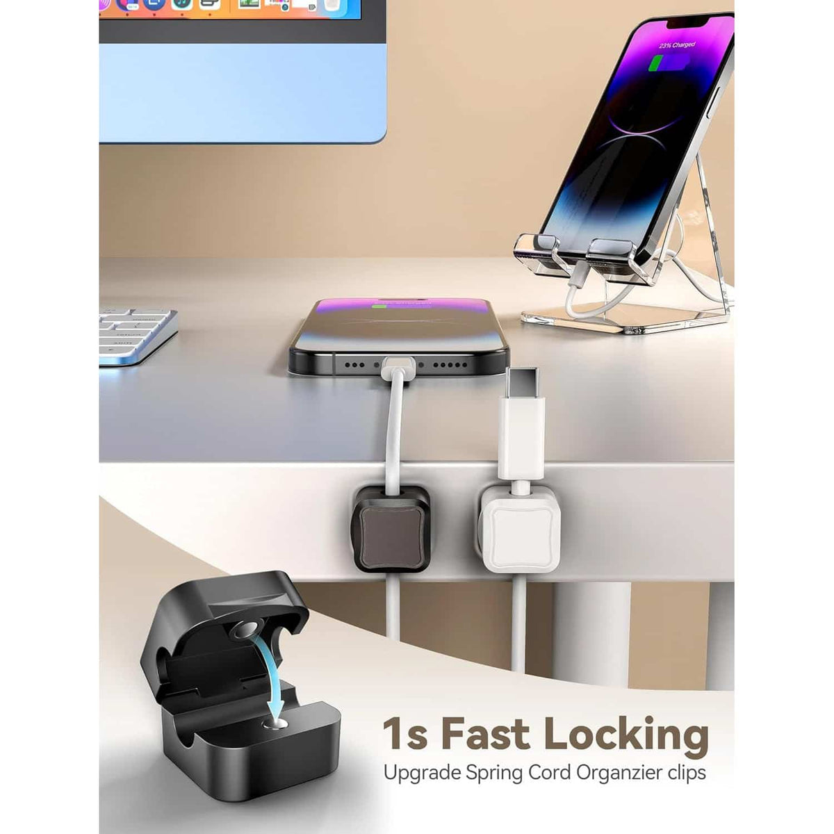 Clear acrylic phone stand paired with fast-locking cable organizer clips for a tidy workspace