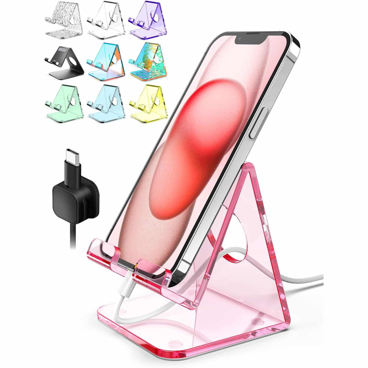 Pink acrylic phone stand with cable management hole and fast-locking cable clip, holding an iPhone during charging