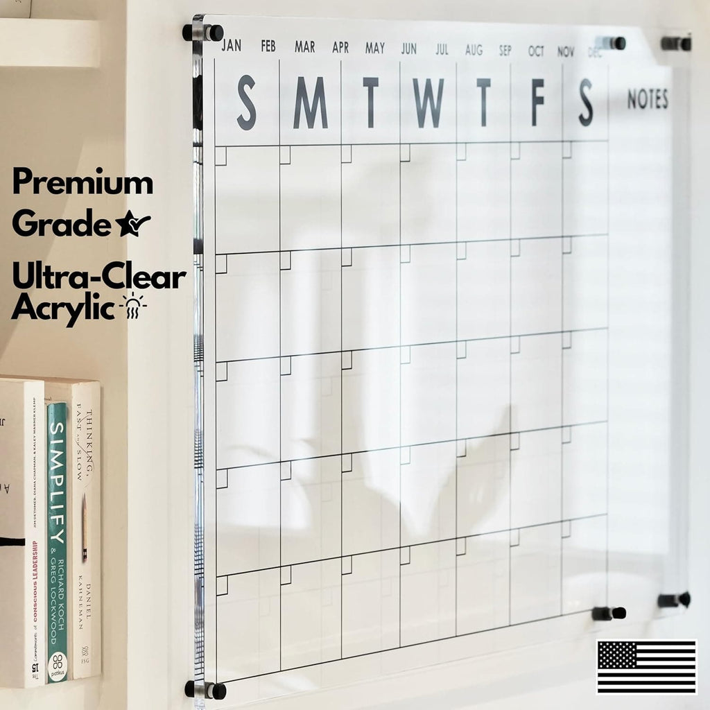 Premium grade ultra-clear acrylic wall calendar with bold day headers and notes section