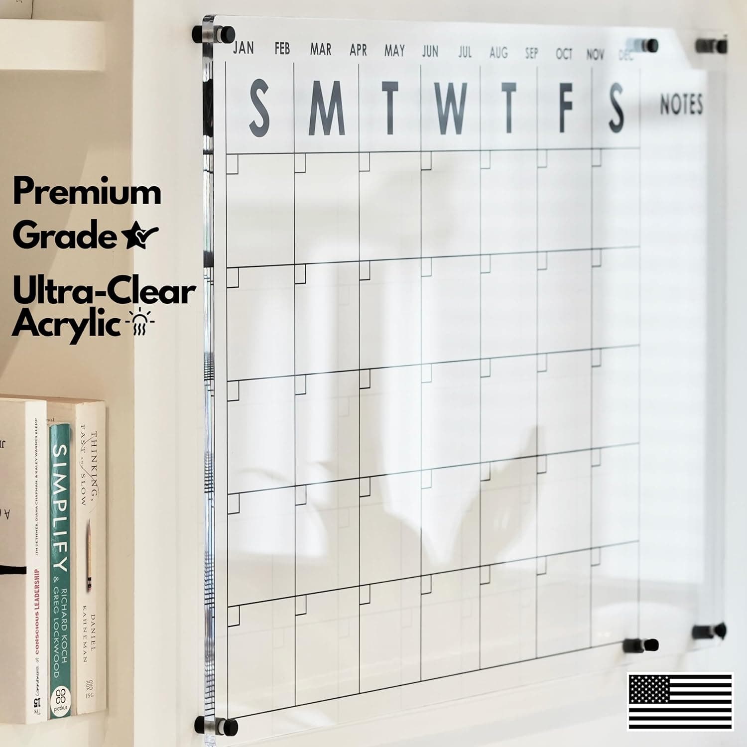 Premium grade ultra-clear acrylic wall calendar with bold day headers and notes section
