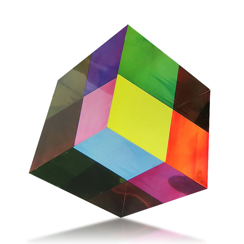 1. `Rainbow translucent acrylic cube decor, colorful multi-panel acrylic display block for home and retail decoration`
2.