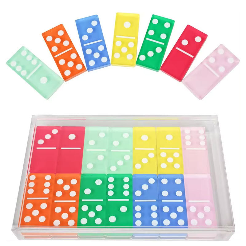 Colorful acrylic domino tiles fan display and full domino set stored inside transparent acrylic case