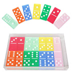 Colorful acrylic domino tiles fan display and full domino set stored inside transparent acrylic case