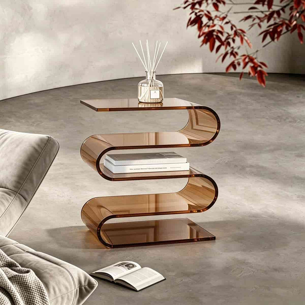 Tea brown smoked acrylic S curve side table, 3 tier end table for living room, modern home furniture
