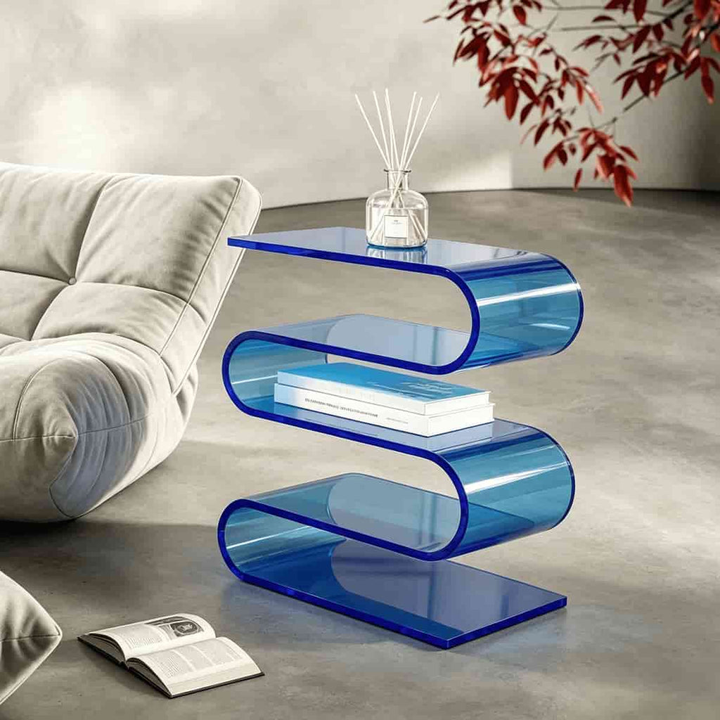 S-shaped blue acrylic side table next to beige sofa, modern living room decor, 3 storage tiers